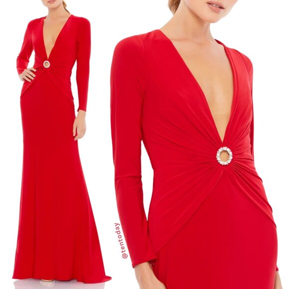 $398 Mac Duggal 26514 Size 14 Red Jersey Knit Plunge V-Neck Long Maxi Gown Dress - Picture 1 of 16